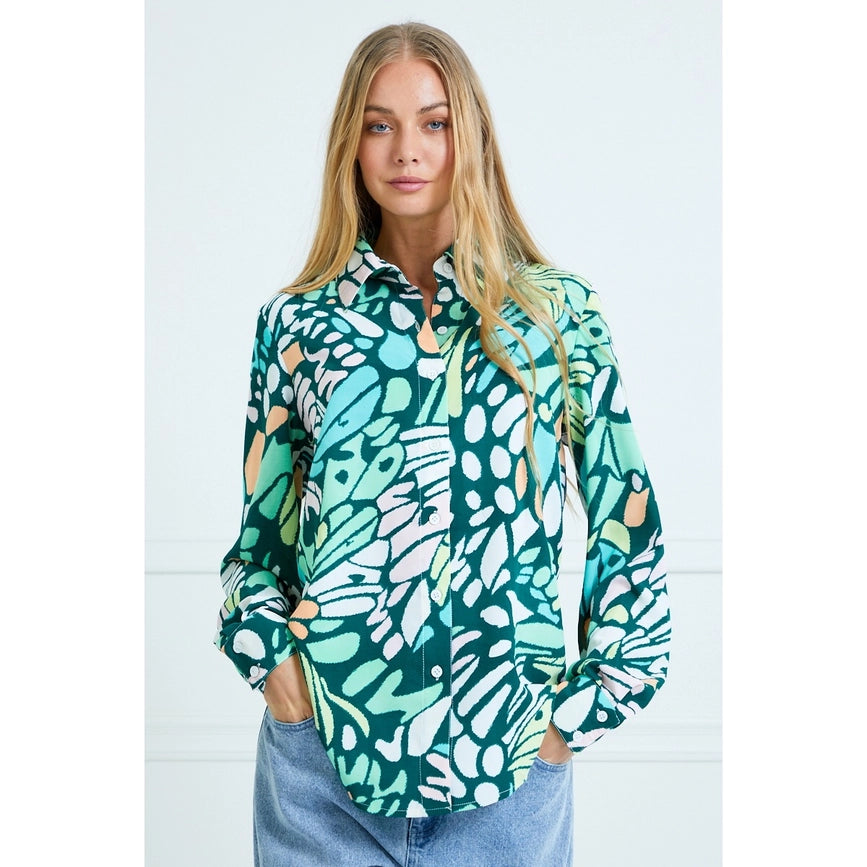 Casual Leaf Print Collard and Button Down Blouse GREEN-Blouses-AZURA-S-Urbanheer