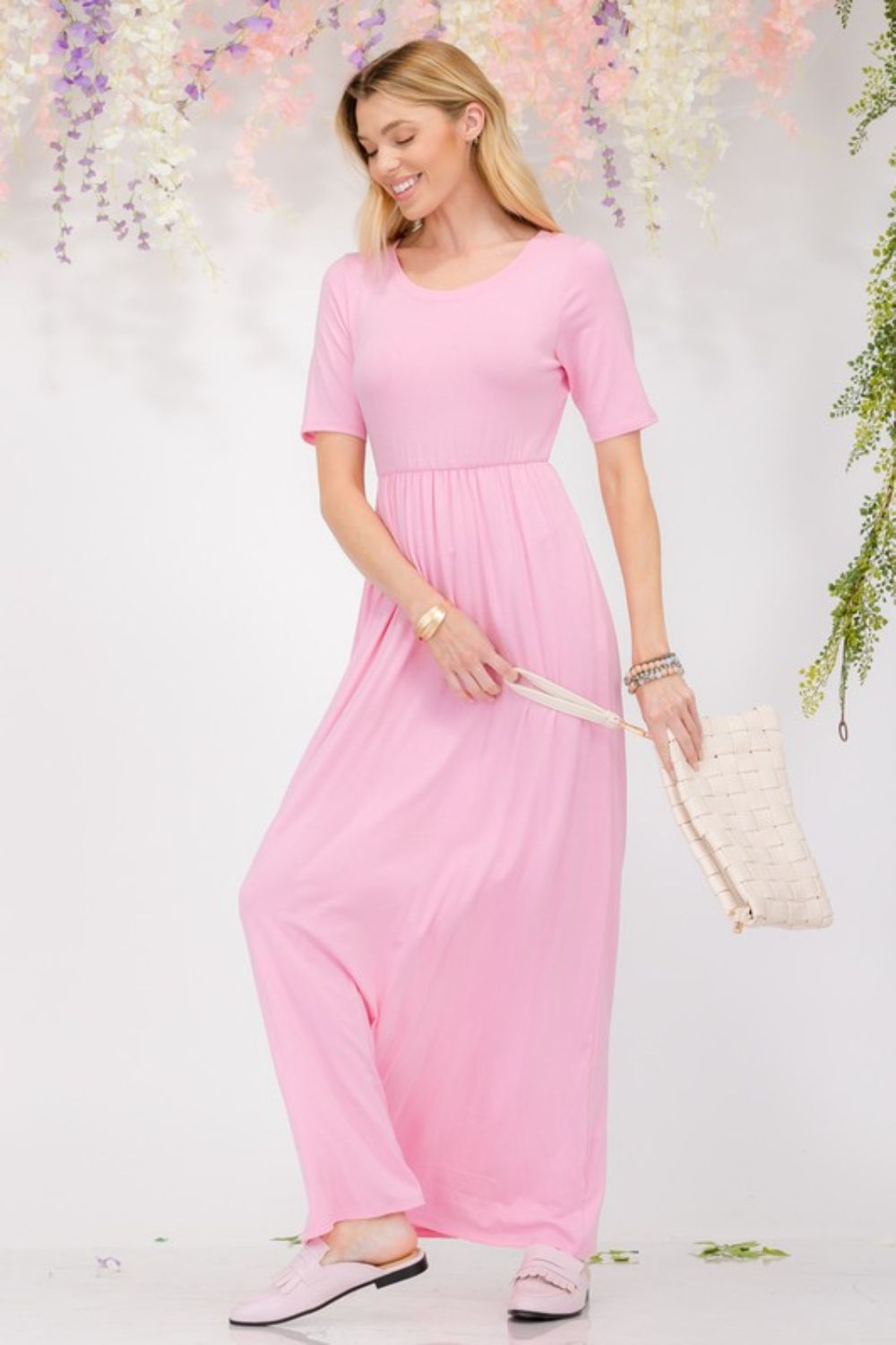 Celeste Full Size Round Neck Short Sleeve Maxi Dress with Pockets Plus Size-Street 360-Pink-M-Urbanheer