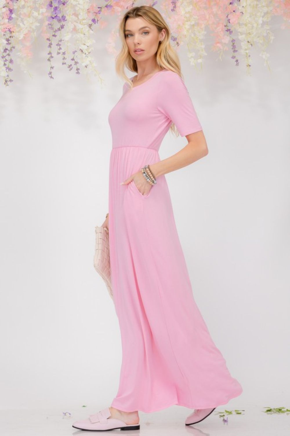 Celeste Full Size Round Neck Short Sleeve Maxi Dress with Pockets Plus Size-Street 360-Pink-M-Urbanheer