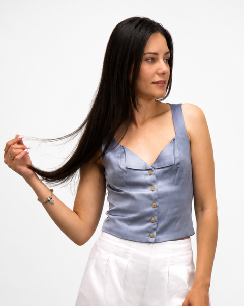 Celeste Satin Vest Top - Dusty Blue