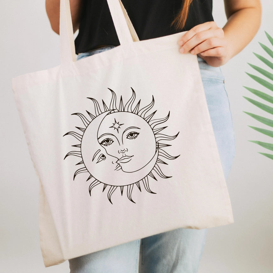 Celestial Canvas Tote Bag The Sun And Moon-Bag-P E T I T R U E-16"W x 14"H x 3"D-Urbanheer
