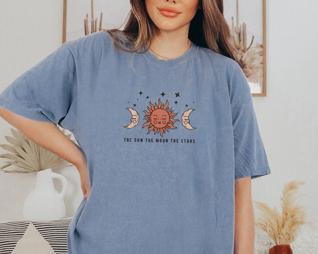 Celestial Tee The Sun Moon Stars Graphic Shirt-Tee-P E T I T R U E-S-Blue Jean-Urbanheer
