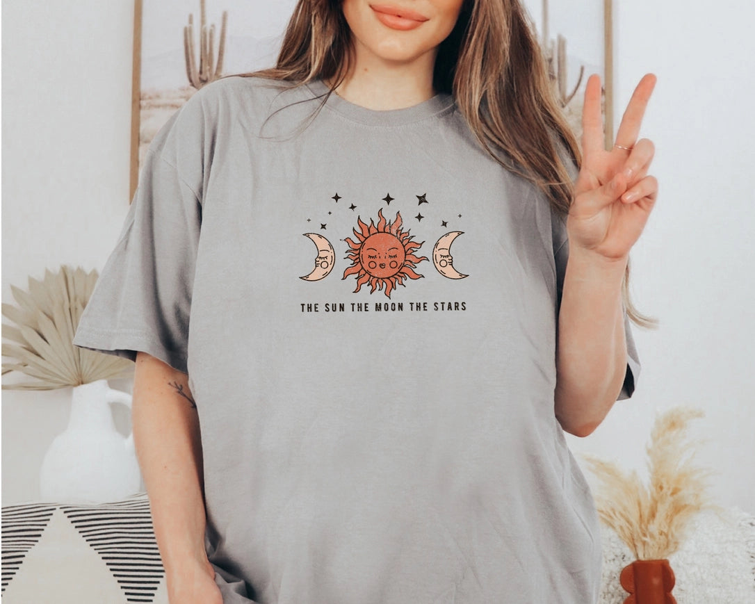 Celestial Tee The Sun Moon Stars Graphic Shirt-Tee-P E T I T R U E-S-Gray-Urbanheer