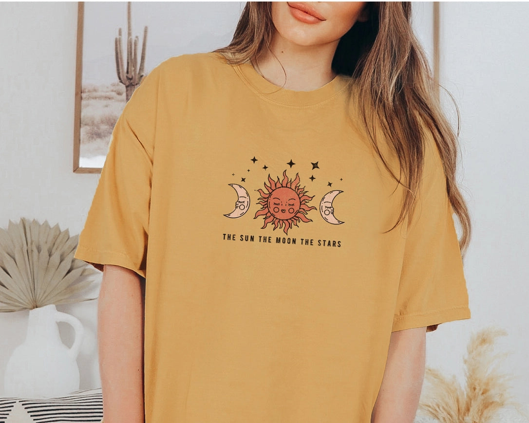 Celestial Tee The Sun Moon Stars Graphic Shirt-Tee-P E T I T R U E-S-Mustard-Urbanheer