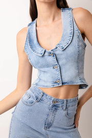 Celine Racer Back Denim Fitted Waistcoat-Waistcoat-Amy Lynn-S-Blue-Urbanheer