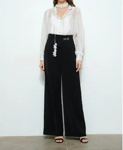 Chain Accent Waist Flap Wide-Leg Pants-Pants-INA-S-BLACK-Urbanheer