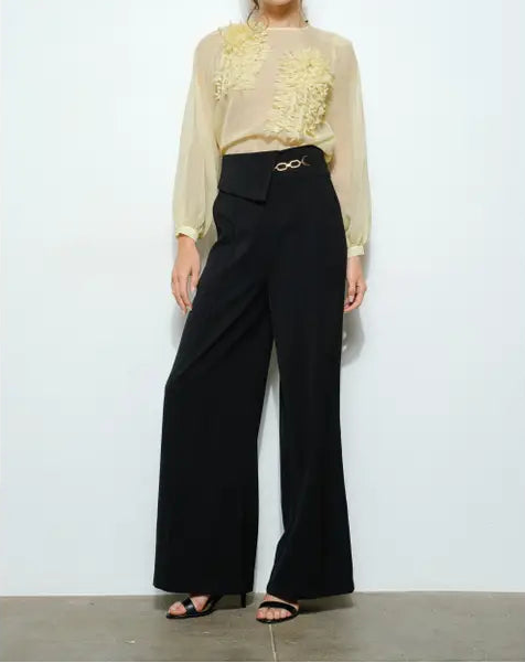 Chain Accent Waist Flap Wide-Leg Pants-Pants-INA-S-BLACK-Urbanheer