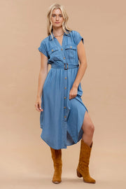 Chambray Collared Button Down Belted Midi Dress-Dress-Blu Pepper-S-CHAMBRAY-Urbanheer