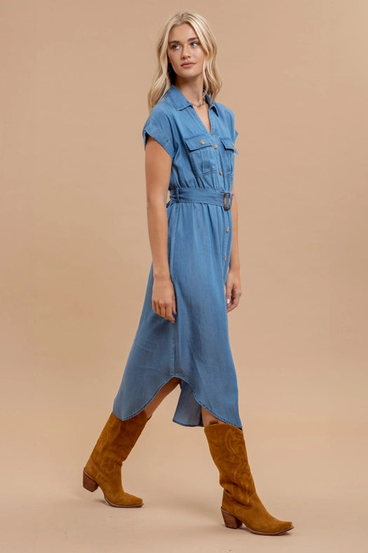 Chambray Collared Button Down Belted Midi Dress-Dress-Blu Pepper-S-CHAMBRAY-Urbanheer