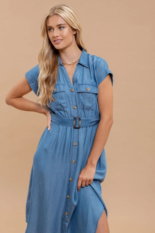Chambray Collared Button Down Belted Midi Dress-Dress-Blu Pepper-S-CHAMBRAY-Urbanheer