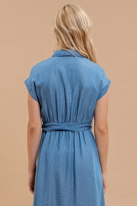 Chambray Collared Button Down Belted Midi Dress-Dress-Blu Pepper-S-CHAMBRAY-Urbanheer