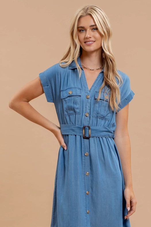 Chambray Collared Button Down Belted Midi Dress-Dress-Blu Pepper-S-CHAMBRAY-Urbanheer