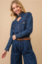 Chambray Cut Out Studded Collard Shirt Blouse-Shirt Blouse-Blue B-S-MED WASH-Urbanheer