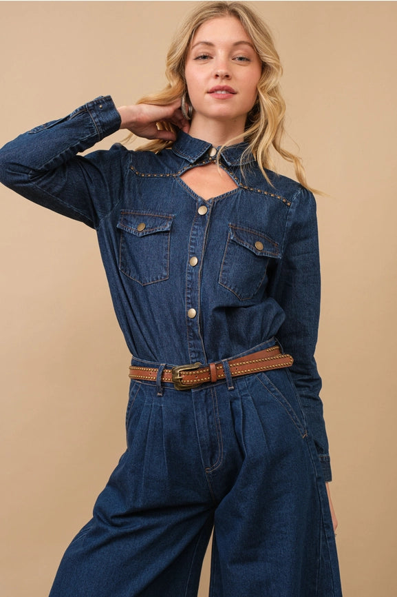 Chambray Cut Out Studded Collard Shirt Blouse-Shirt Blouse-Blue B-S-MED WASH-Urbanheer