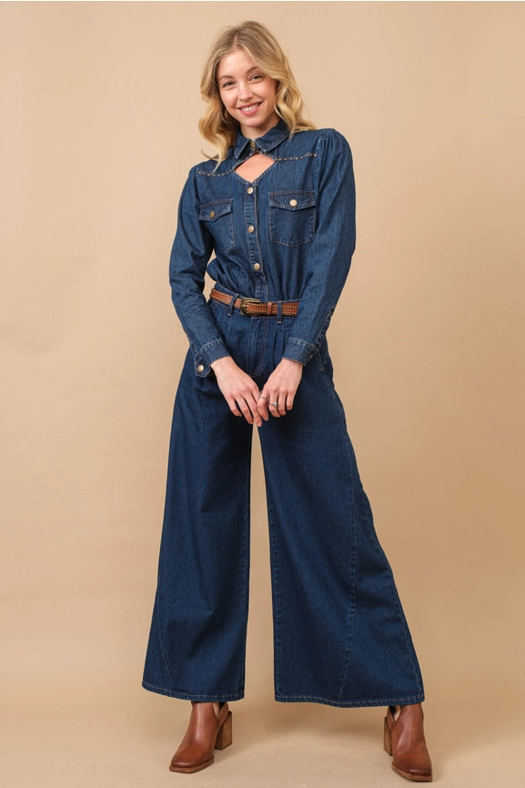 Chambray Cut Out Studded Collard Shirt Blouse-Shirt Blouse-Blue B-S-MED WASH-Urbanheer