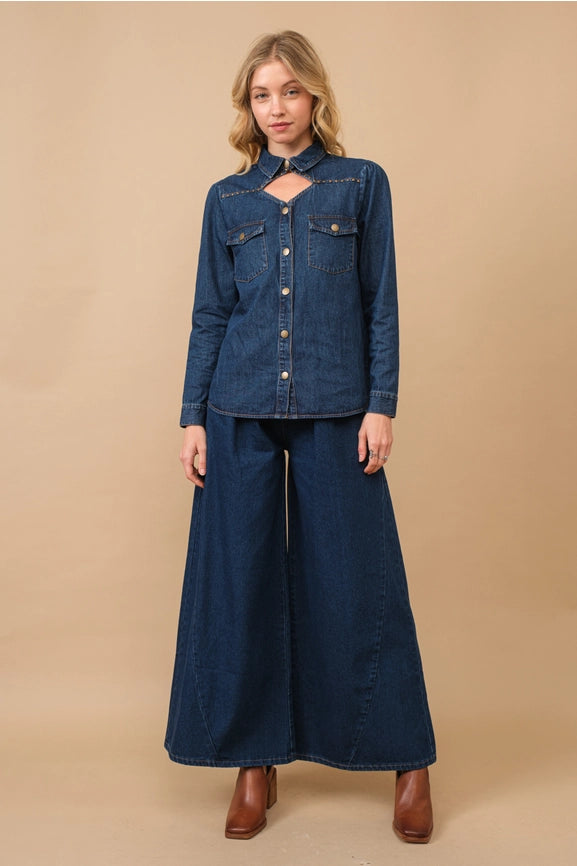 Chambray Cut Out Studded Collard Shirt Blouse-Shirt Blouse-Blue B-S-MED WASH-Urbanheer