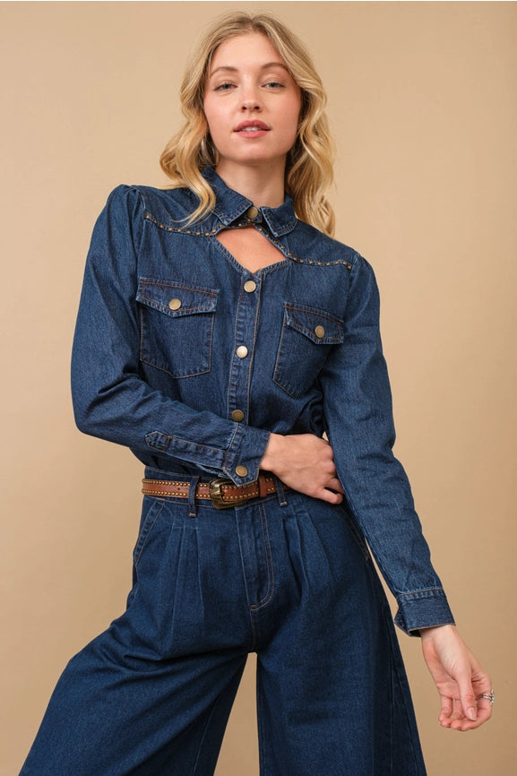 Chambray Cut Out Studded Collard Shirt Blouse-Shirt Blouse-Blue B-S-MED WASH-Urbanheer
