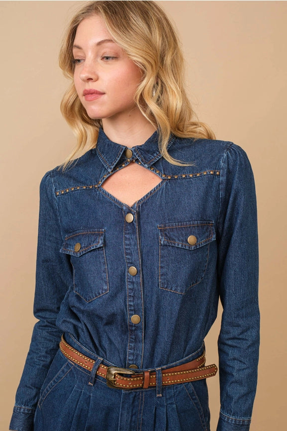 Chambray Cut Out Studded Collard Shirt Blouse-Shirt Blouse-Blue B-S-MED WASH-Urbanheer