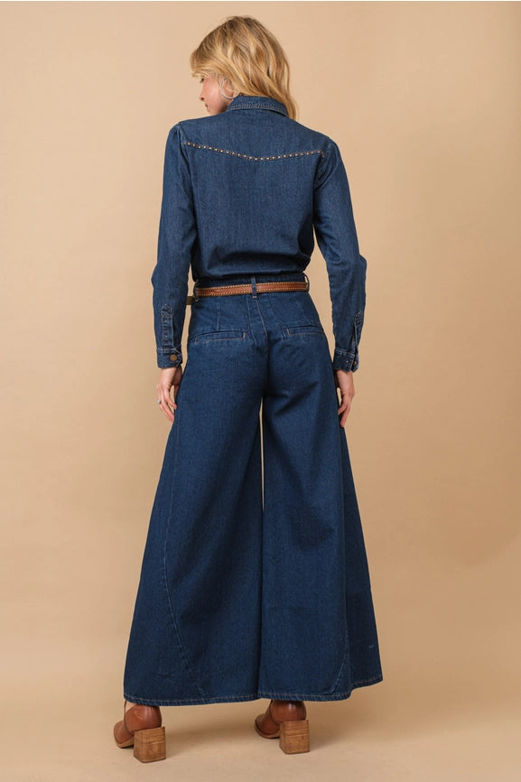 Chambray Cut Out Studded Collard Shirt Blouse-Shirt Blouse-Blue B-S-MED WASH-Urbanheer