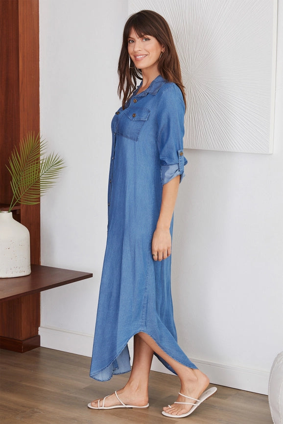 Chambray Tunic Shirt Dress DENIM Blue-Dress-VENTI6-S-Urbanheer
