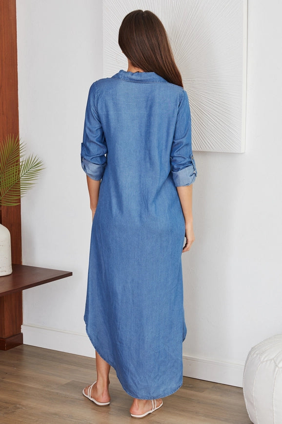 Chambray Tunic Shirt Dress DENIM Blue-Dress-VENTI6-S-Urbanheer