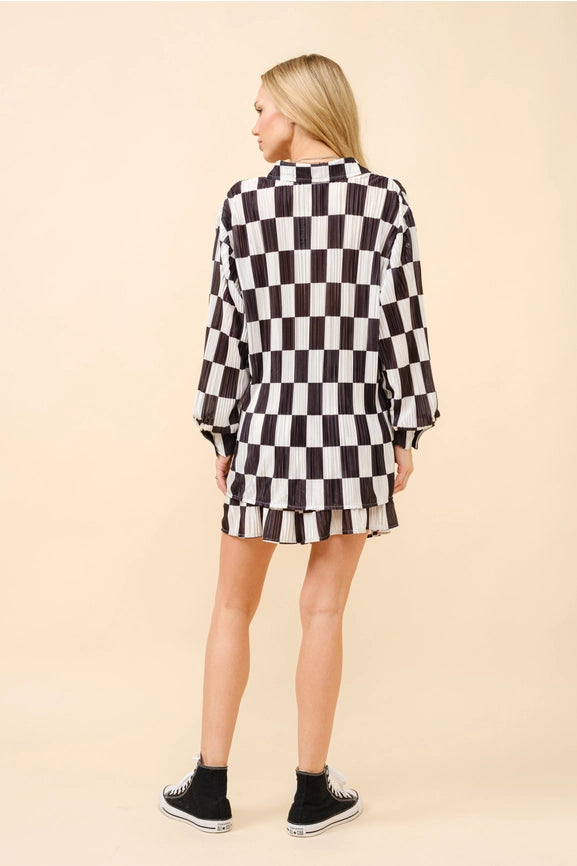 Check Plissé Top and High Waist Shorts Set-Set-Blue B-S-BLACK-Urbanheer