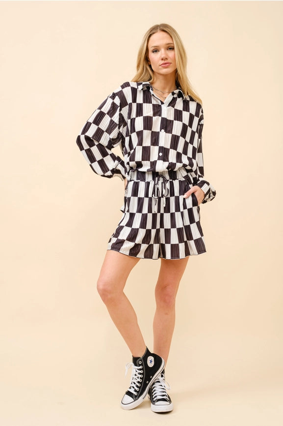 Check Plissé Top and High Waist Shorts Set-Set-Blue B-S-BLACK-Urbanheer