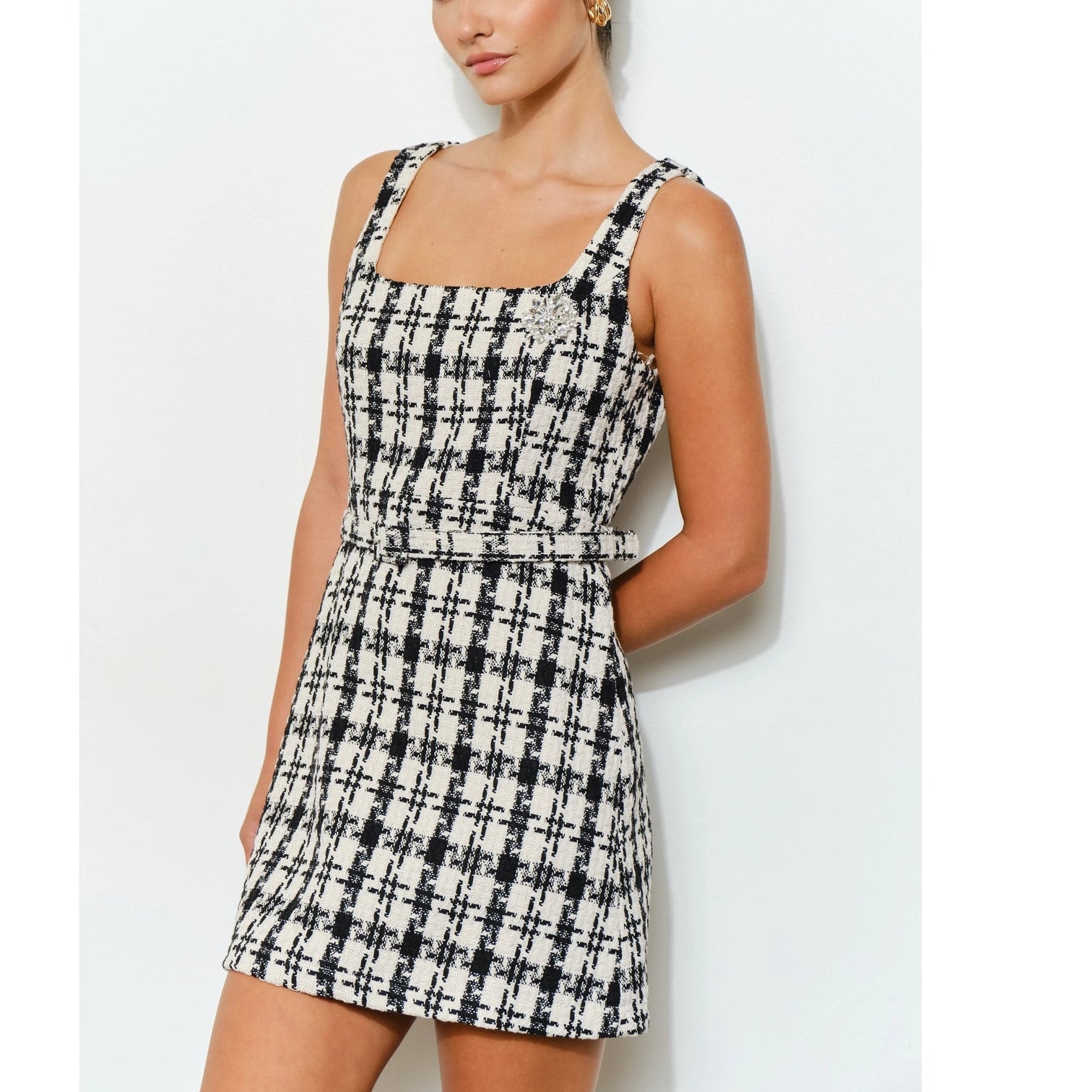 Check Tweed Brooch Detail Belted Mini Dress in Black from INA – Urbanheer