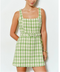Check Tweed Brooch Detail Belted Mini Dress in Lime