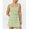 Check Tweed Brooch Detail Belted Mini Dress in Lime