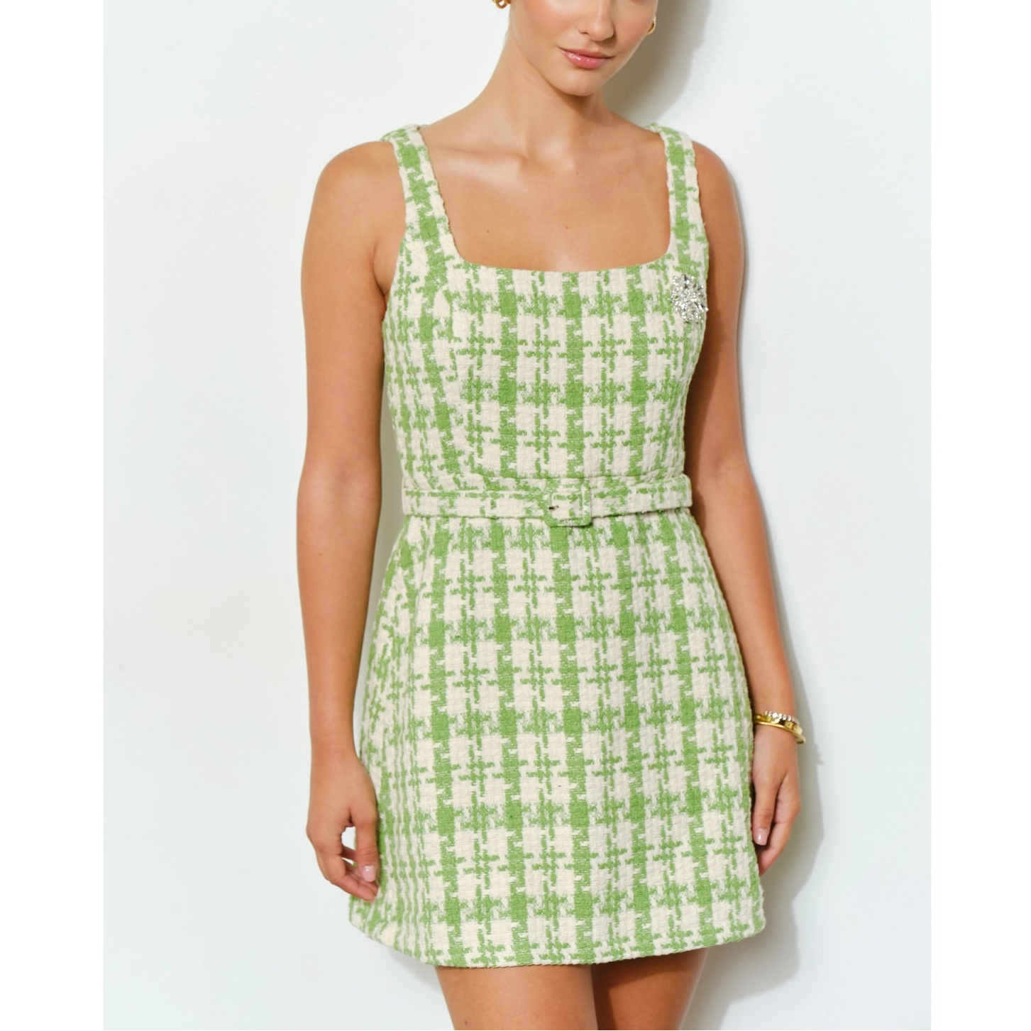 Check Tweed Brooch Detail Belted Mini Dress in Lime