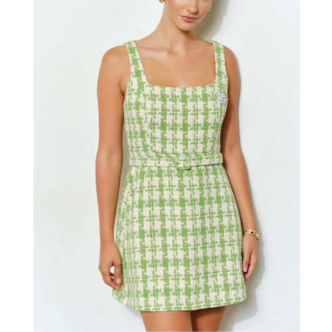 Check Tweed Brooch Detail Belted Mini Dress in Lime