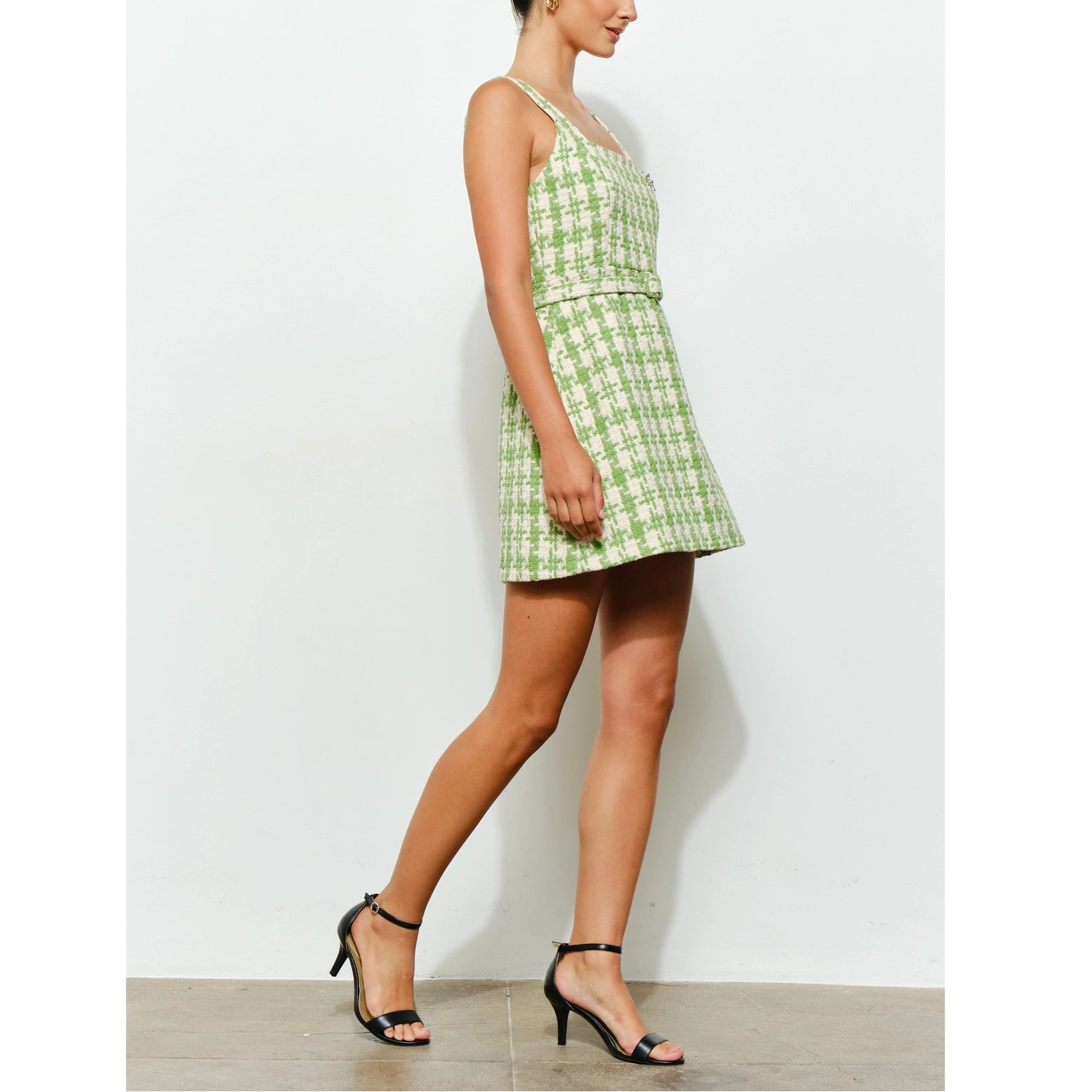 Check Tweed Brooch Detail Belted Mini Dress in Lime