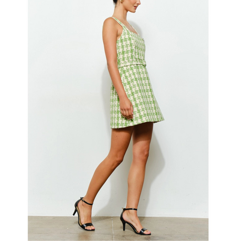 Check Tweed Brooch Detail Belted Mini Dress in Lime