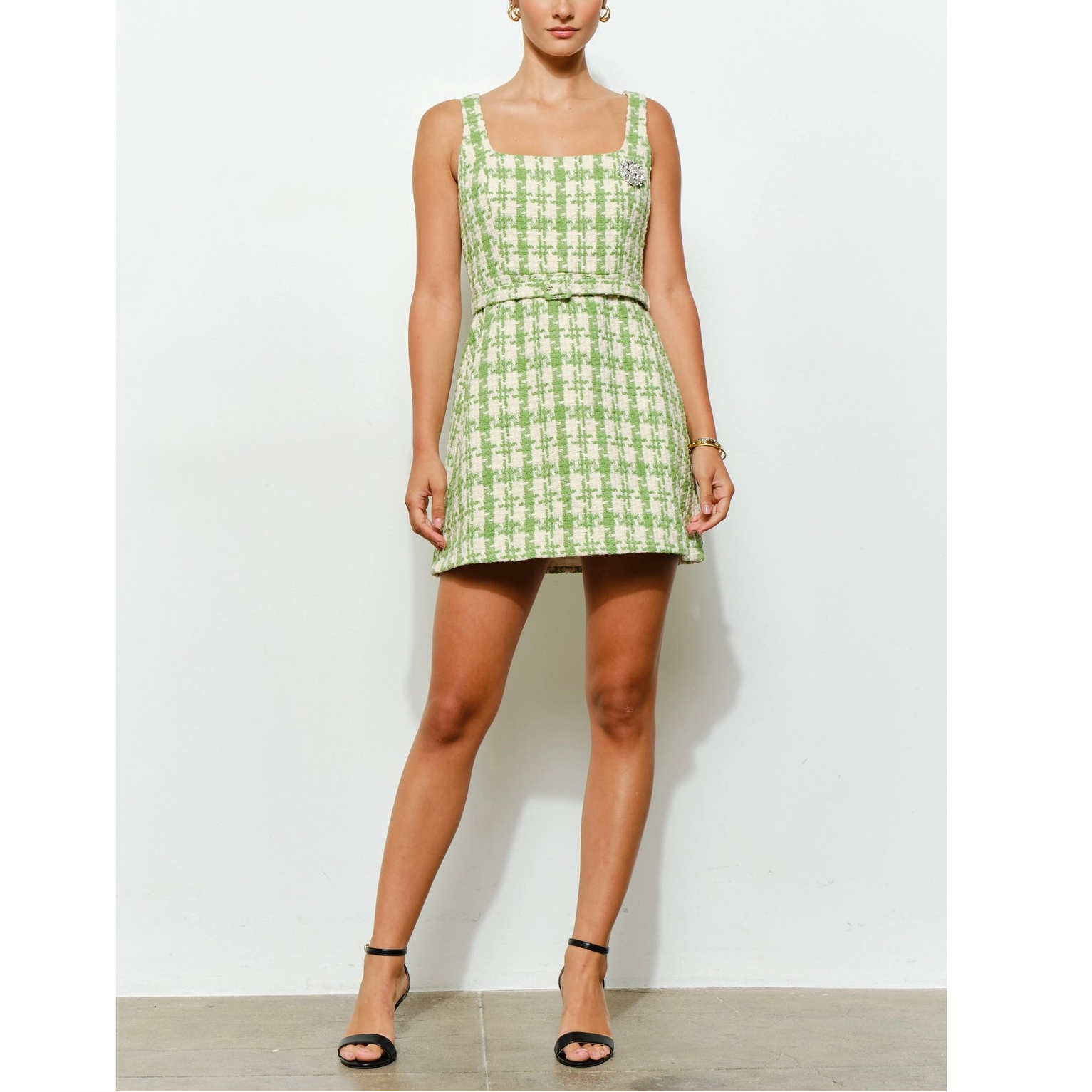 Check Tweed Brooch Detail Belted Mini Dress in Lime