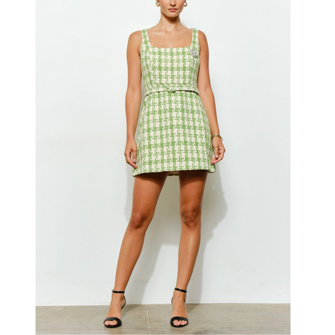 Check Tweed Brooch Detail Belted Mini Dress in Lime