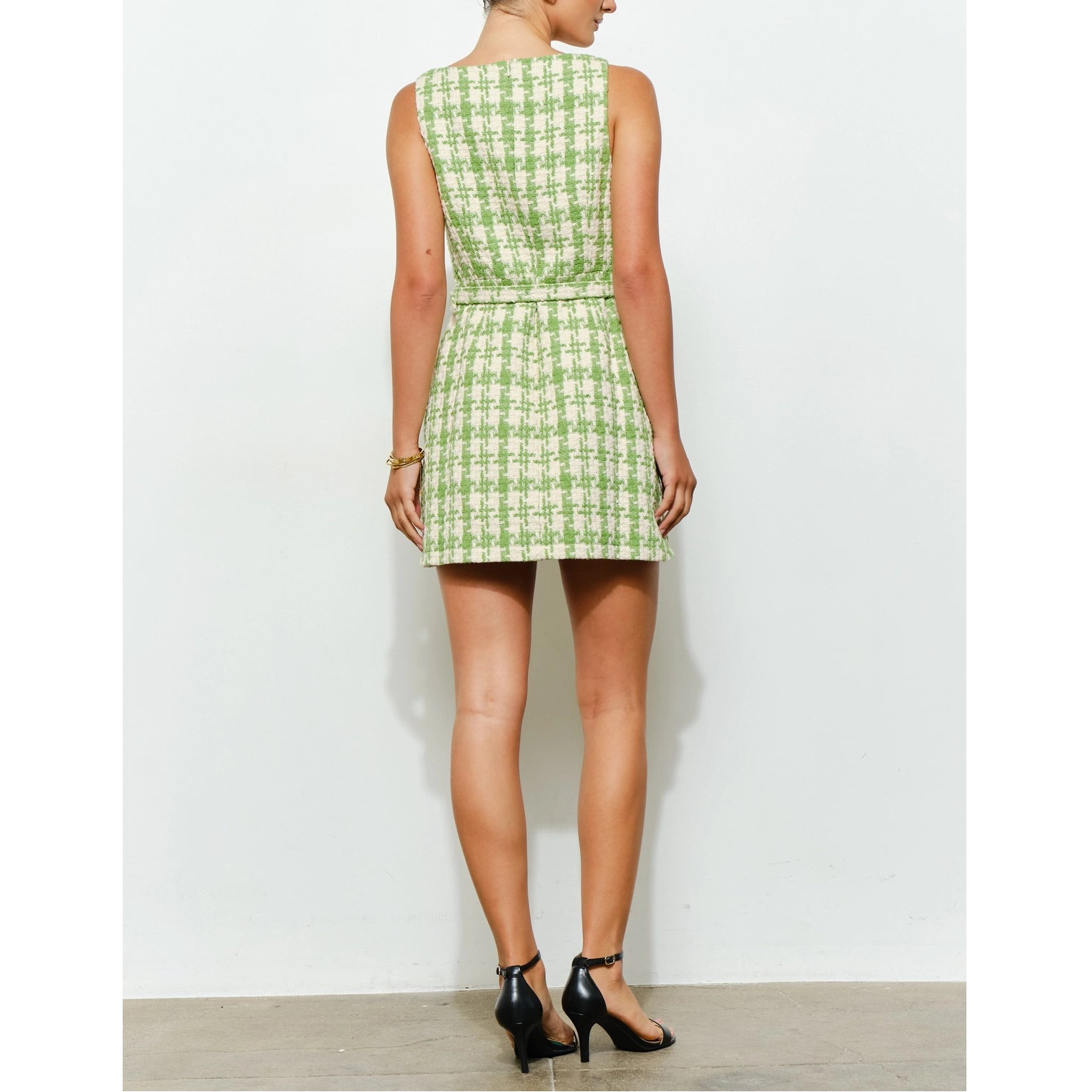 Check Tweed Brooch Detail Belted Mini Dress in Lime