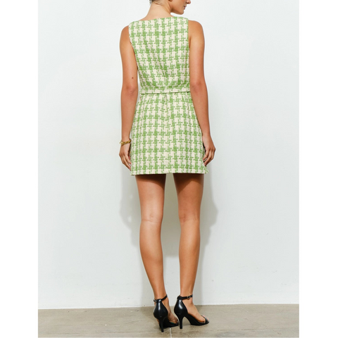 Check Tweed Brooch Detail Belted Mini Dress in Lime