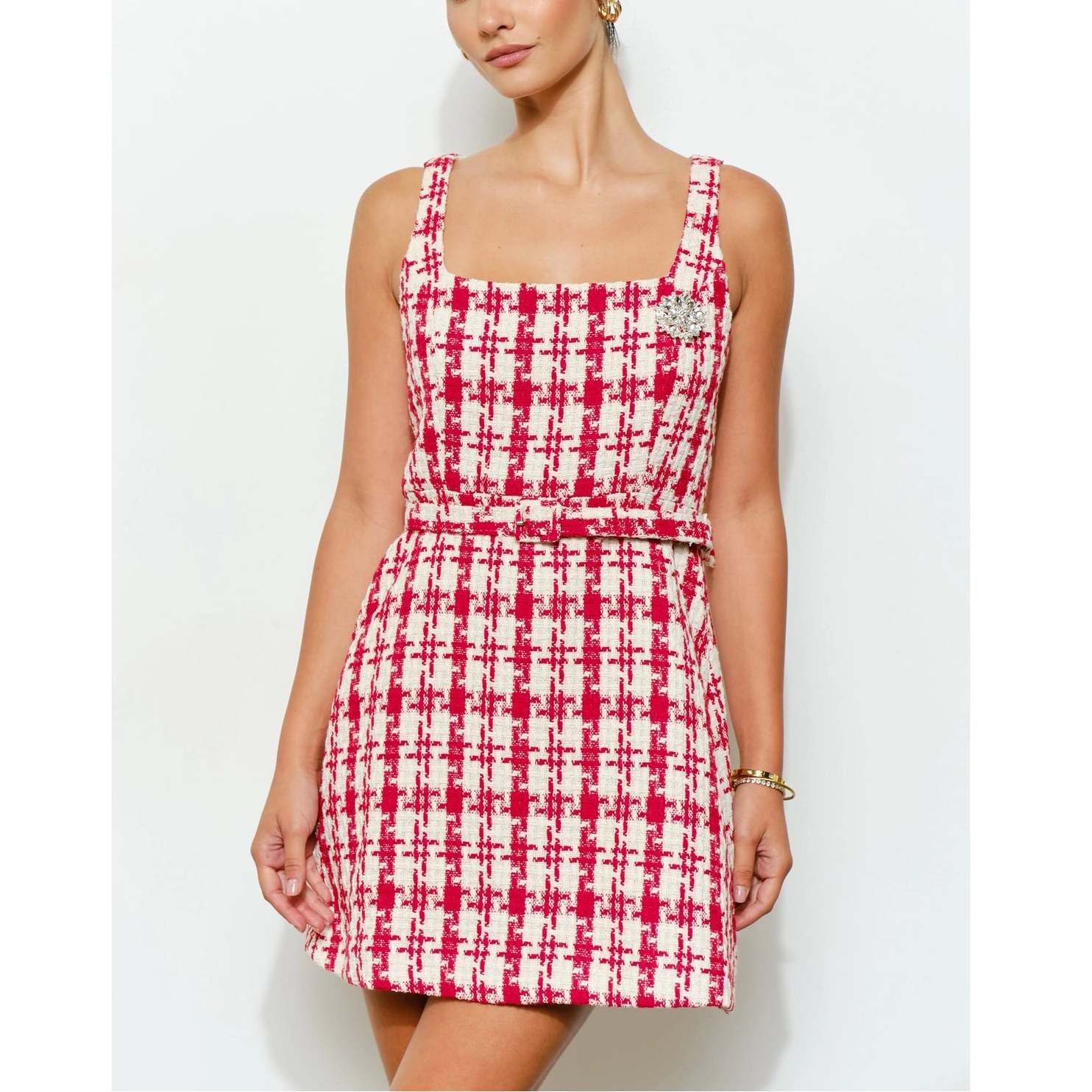 Check Tweed Brooch Detail Belted Mini Dress in Red