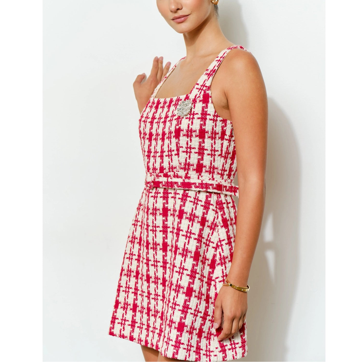 Check Tweed Brooch Detail Belted Mini Dress in Red