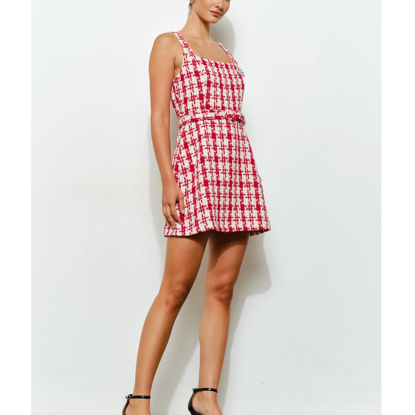 Check Tweed Brooch Detail Belted Mini Dress in Red