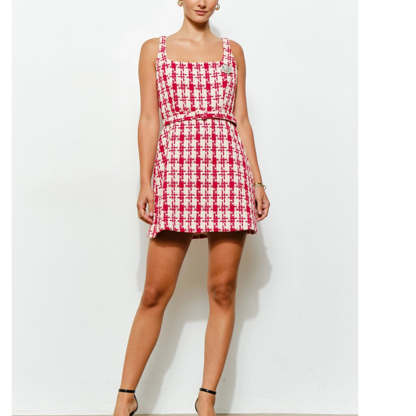 Check Tweed Brooch Detail Belted Mini Dress in Red