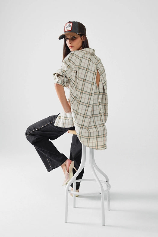 Checked Shirt with Back Opening in Beige-Shirt-Q2-L-Beige-Urbanheer