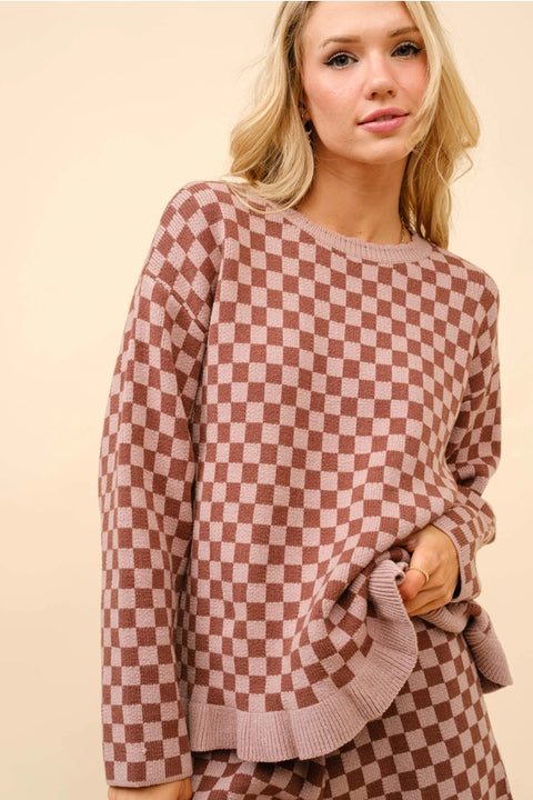 Checker Frill Ruffle Sweater and Shorts Set-Set-Blue B-S-WALNUT-Urbanheer