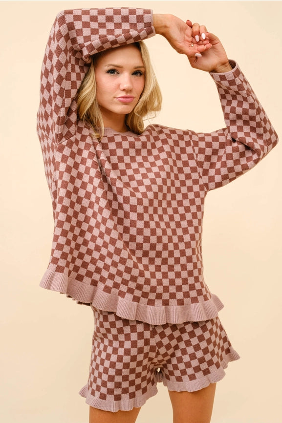 Checker Frill Ruffle Sweater and Shorts Set-Set-Blue B-S-WALNUT-Urbanheer