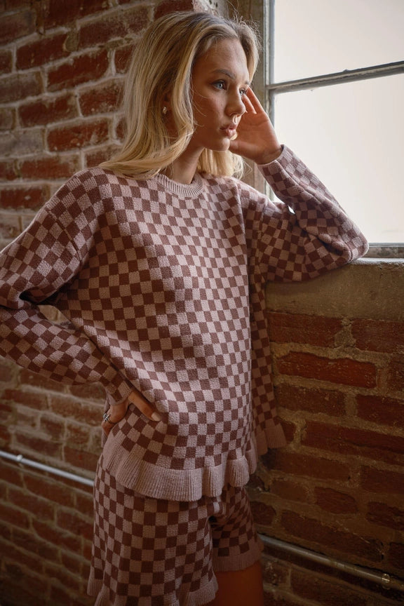 Checker Frill Ruffle Sweater and Shorts Set-Set-Blue B-S-WALNUT-Urbanheer