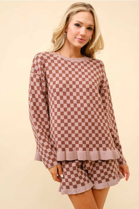 Checker Frill Ruffle Sweater and Shorts Set-Set-Blue B-S-WALNUT-Urbanheer