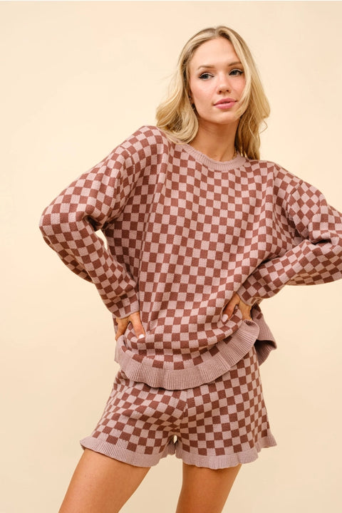 Checker Frill Ruffle Sweater and Shorts Set-Set-Blue B-S-WALNUT-Urbanheer