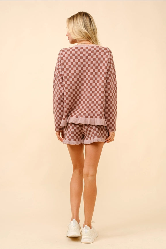 Checker Frill Ruffle Sweater and Shorts Set-Set-Blue B-S-WALNUT-Urbanheer