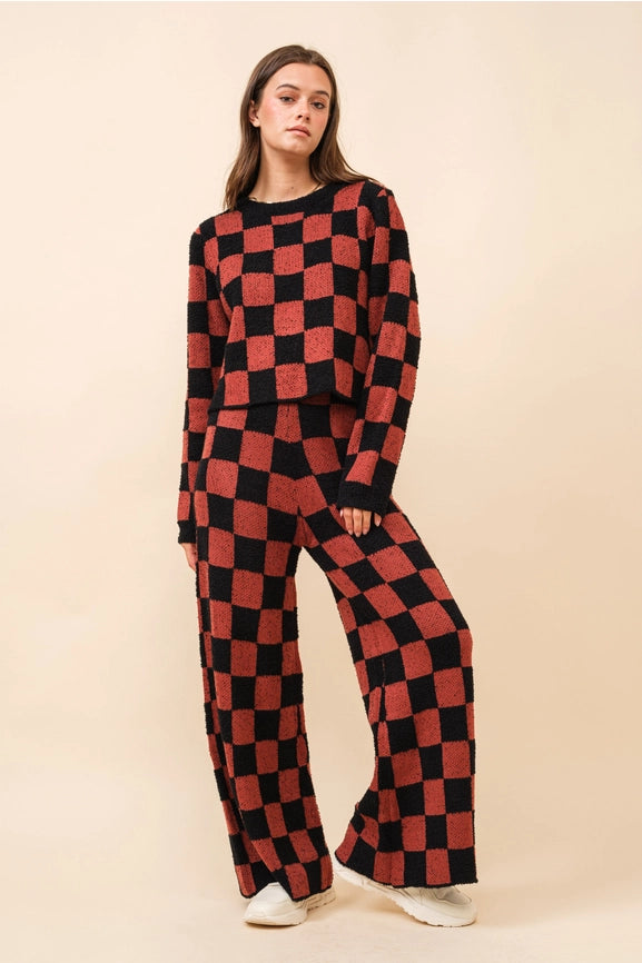 Checkerboard Knit Set Sweater BRICK BLACK-Set-Blue B-S-BRICK BLACK-Urbanheer